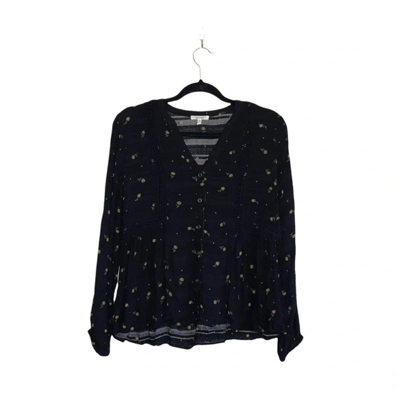 Maurices Black & Yellow Ditsy Floral Print Lace Popover Blouse Medium Women’s - Picture 1 of 12